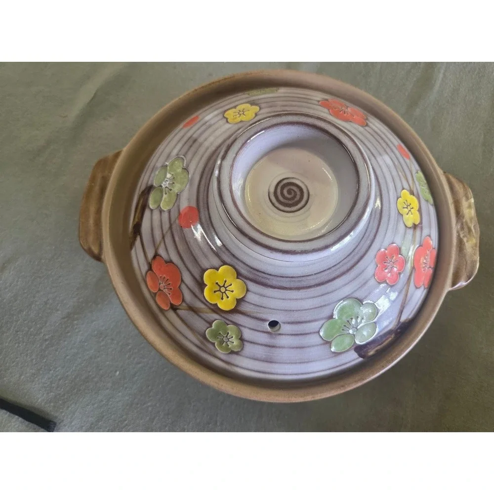 Vintage Japanese Donabe Clay Pot Floral Ceramic Casserole Dish with Lid Hot Pot